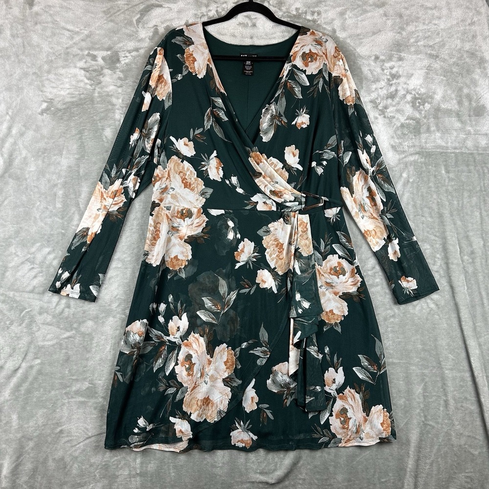 Kate And Lily Faux Wrap Dress Women's 20W Green Peach Floral Sheer Lined